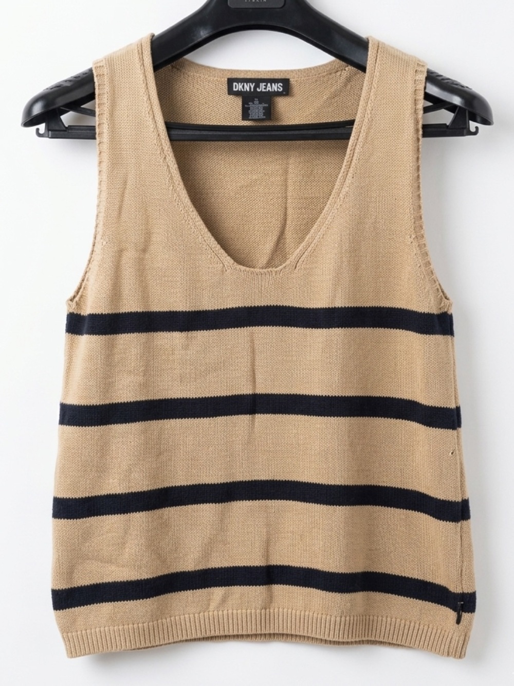 Dkny Beige and Navy Striped Knit Tank Top